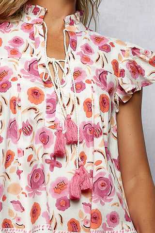 POL Tassel Tied Floral Flutter Sleeve Blouse - Glamourous Grace