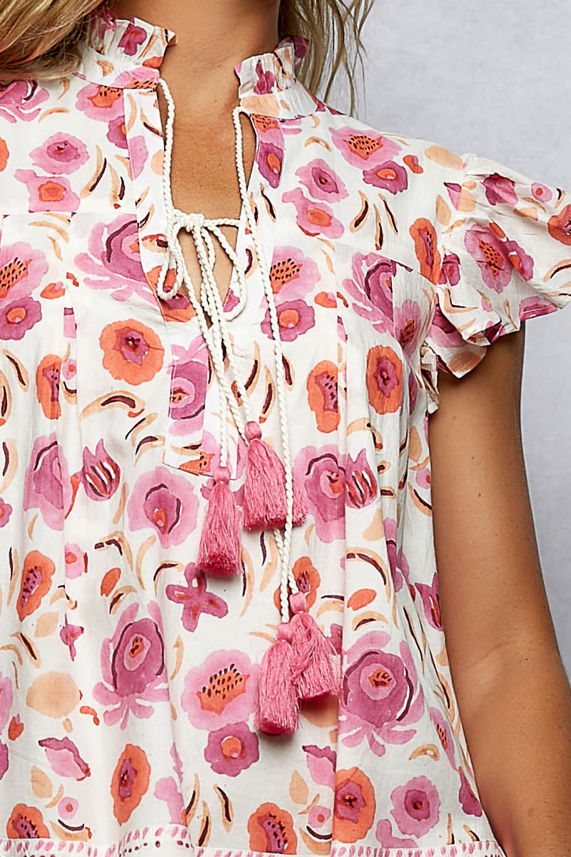 POL Tassel Tied Floral Flutter Sleeve Blouse - Glamourous Grace