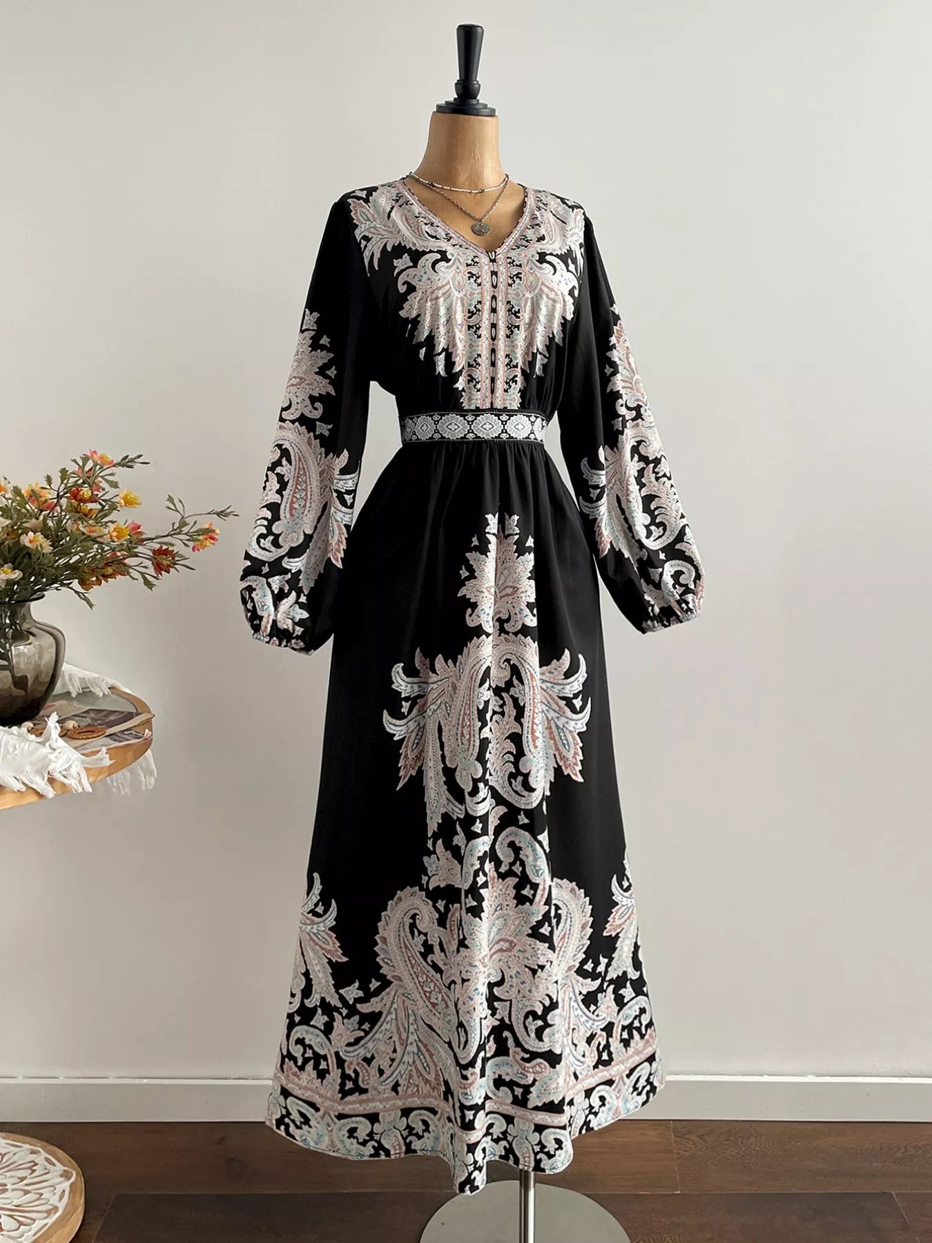 Plus Size Printed V-Neck Balloon Sleeve Dress - Glamourous Grace