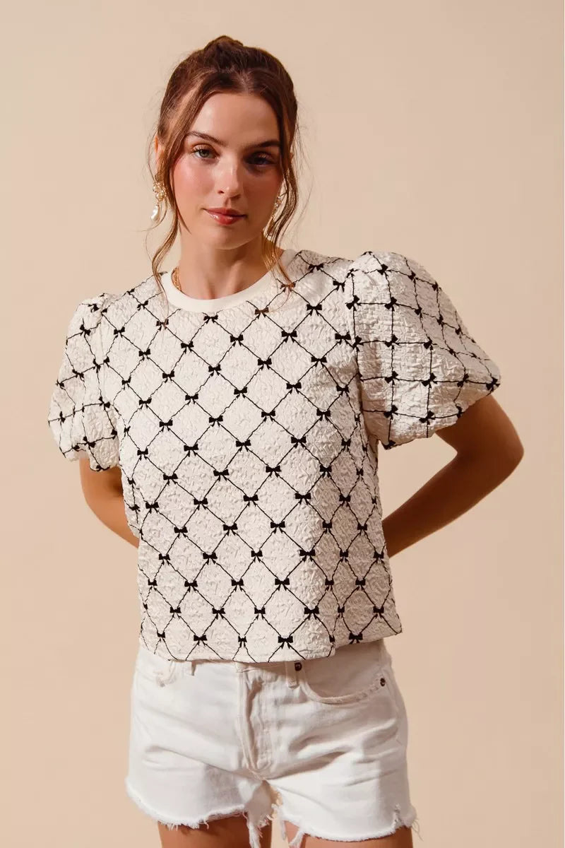 SO ME Bow Texture Woven Bubble Sleeve Top - Glamourous Grace