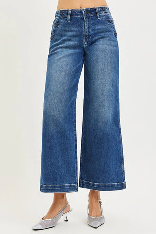 RISEN High Rise Wide Leg Jeans With Pocket Button Detail