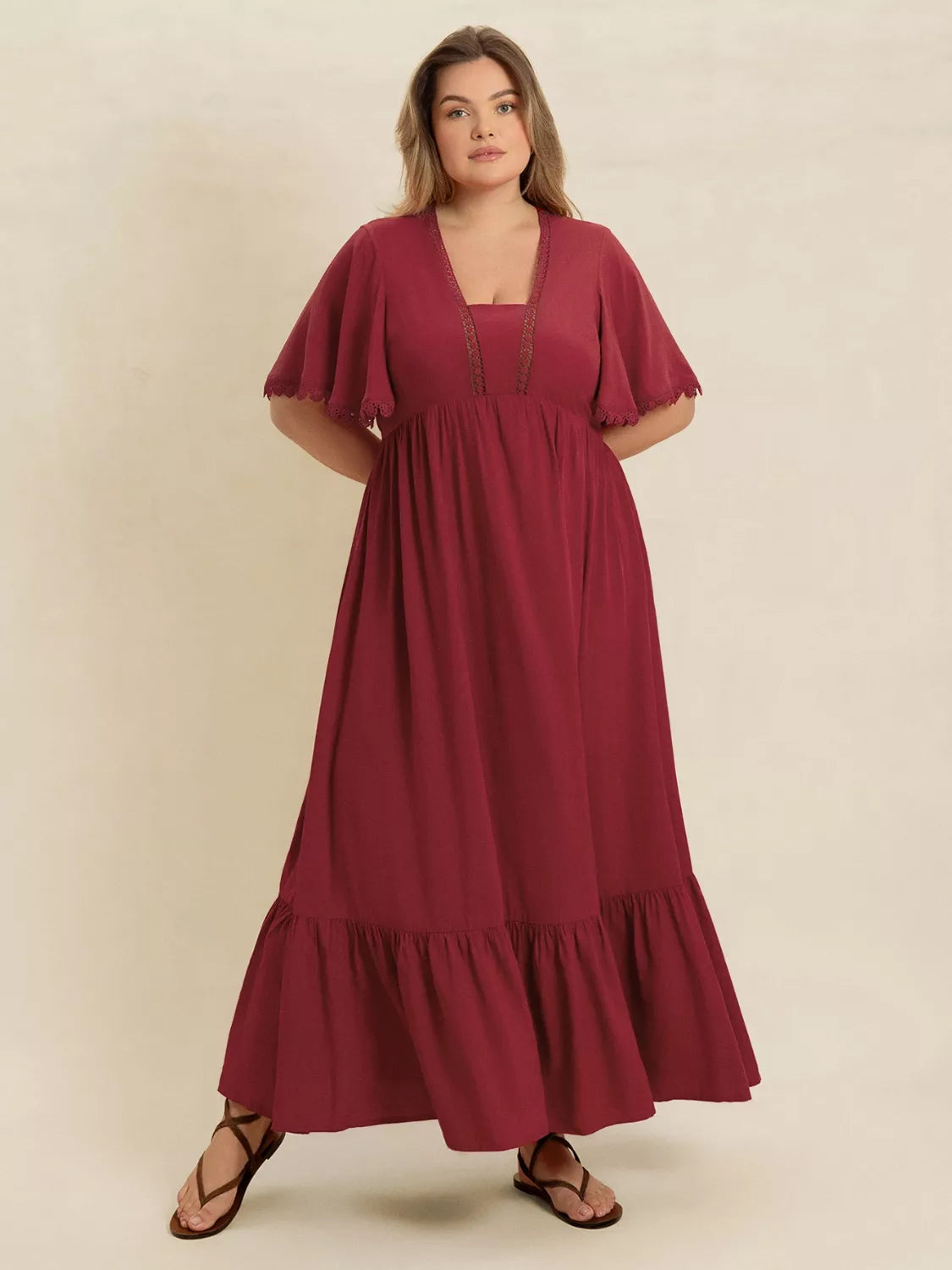 Plus Size Lace Detail Flutter Sleeve Maxi Dress - Glamourous Grace