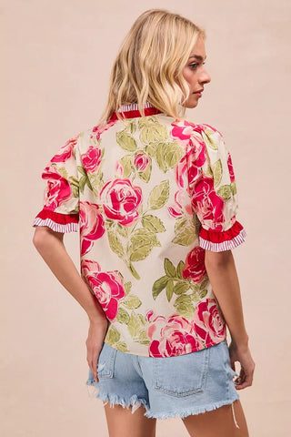 BiBi Floral Printed Woven Contrast Edge Ruffled Blouse - Glamourous Grace