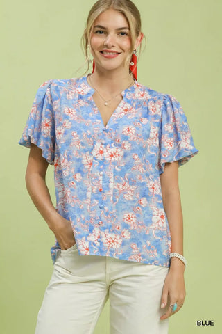 Umgee Floral Button-Front Short Sleeve Shirt - Glamourous Grace