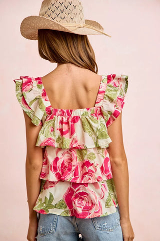 BiBi Floral Print Woven Bow Tie Ruffle Square Neck Top - Glamourous Grace