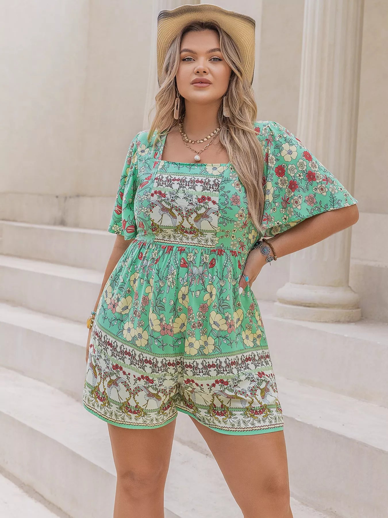 Plus Size Floral Print Square Neck Romper - Glamourous Grace