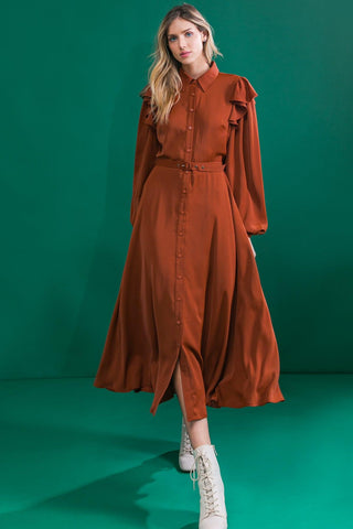 TIER ELEGANCE BROWN WOVEN MIDI DRESS - Glamourous Grace