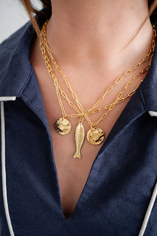 Fish - Beach Town - Small Paper Clip Chain Necklace - 18k Gold Plated 18 Inches - Glamourous Grace