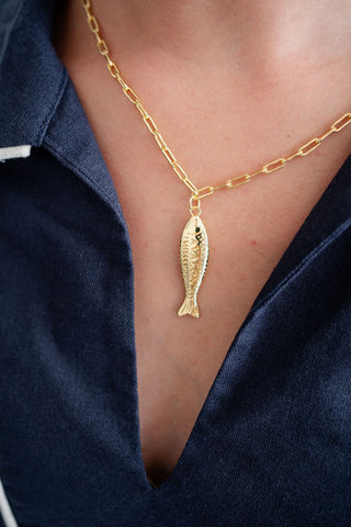 Fish - Beach Town - Small Paper Clip Chain Necklace - 18k Gold Plated 18 Inches - Glamourous Grace