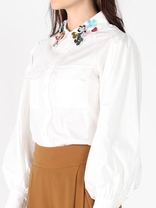 Floral-Appliqué Collared Long Sleeve Top