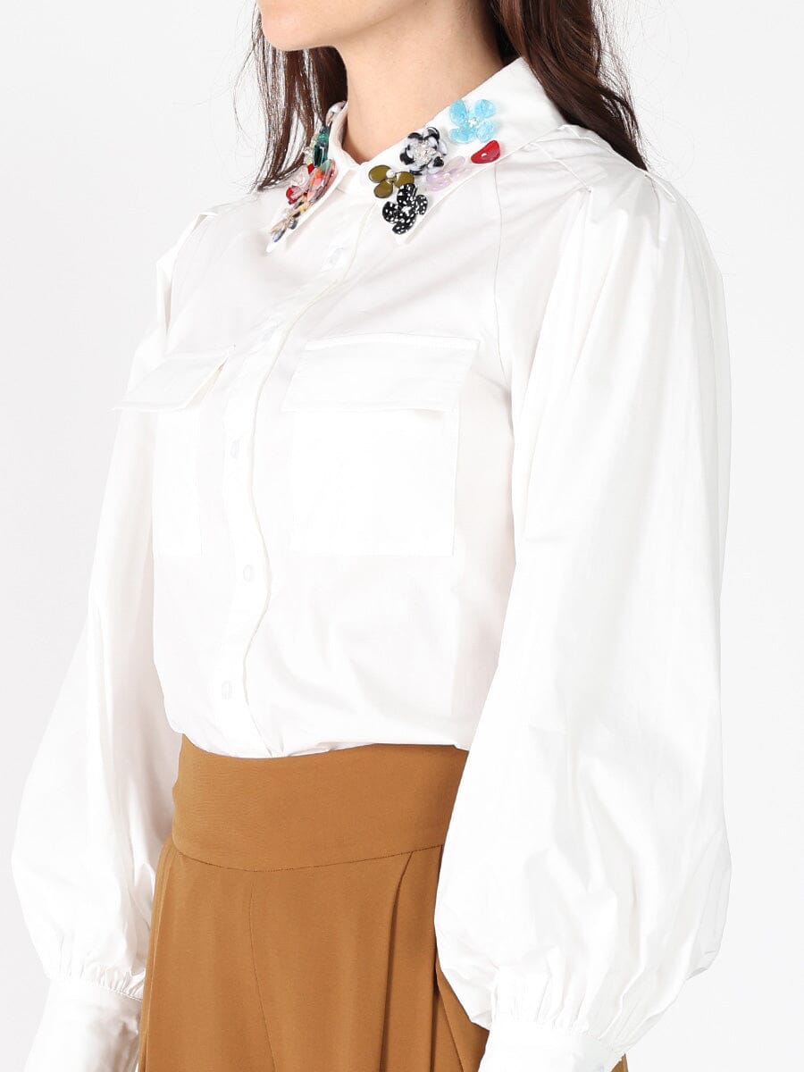 Floral-Appliqué Collared Long Sleeve Top