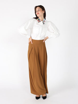 Floral-Appliqué Collared Long Sleeve Top