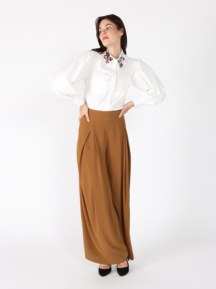 Floral-Appliqué Collared Long Sleeve Top
