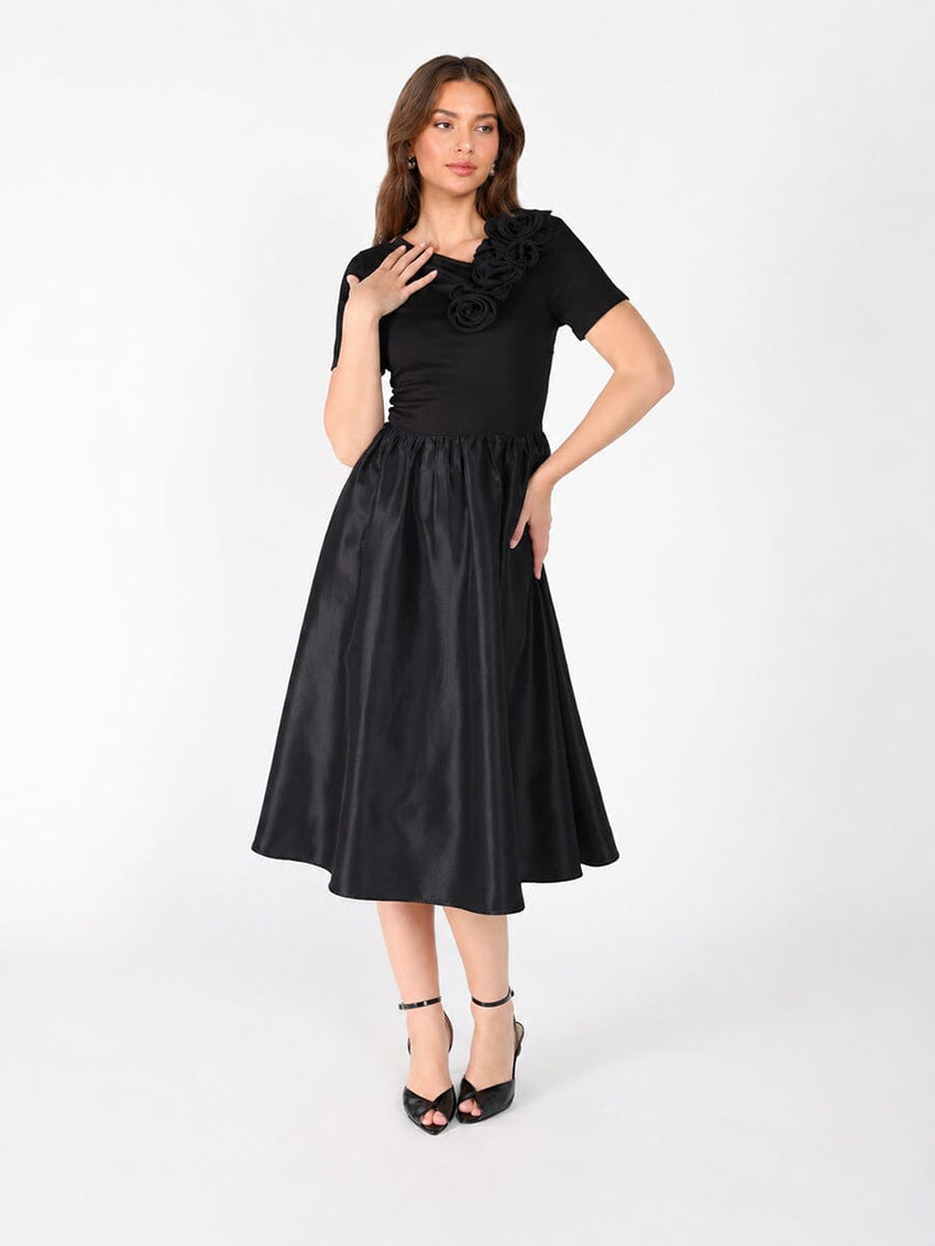 Floral Applique Satin & Cotton Fabric Dress