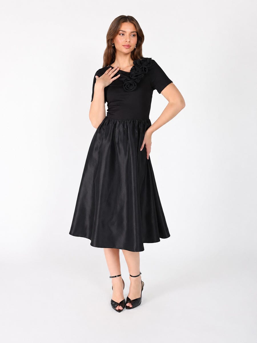 Floral Applique Satin & Cotton Fabric Dress - Glamourous Grace