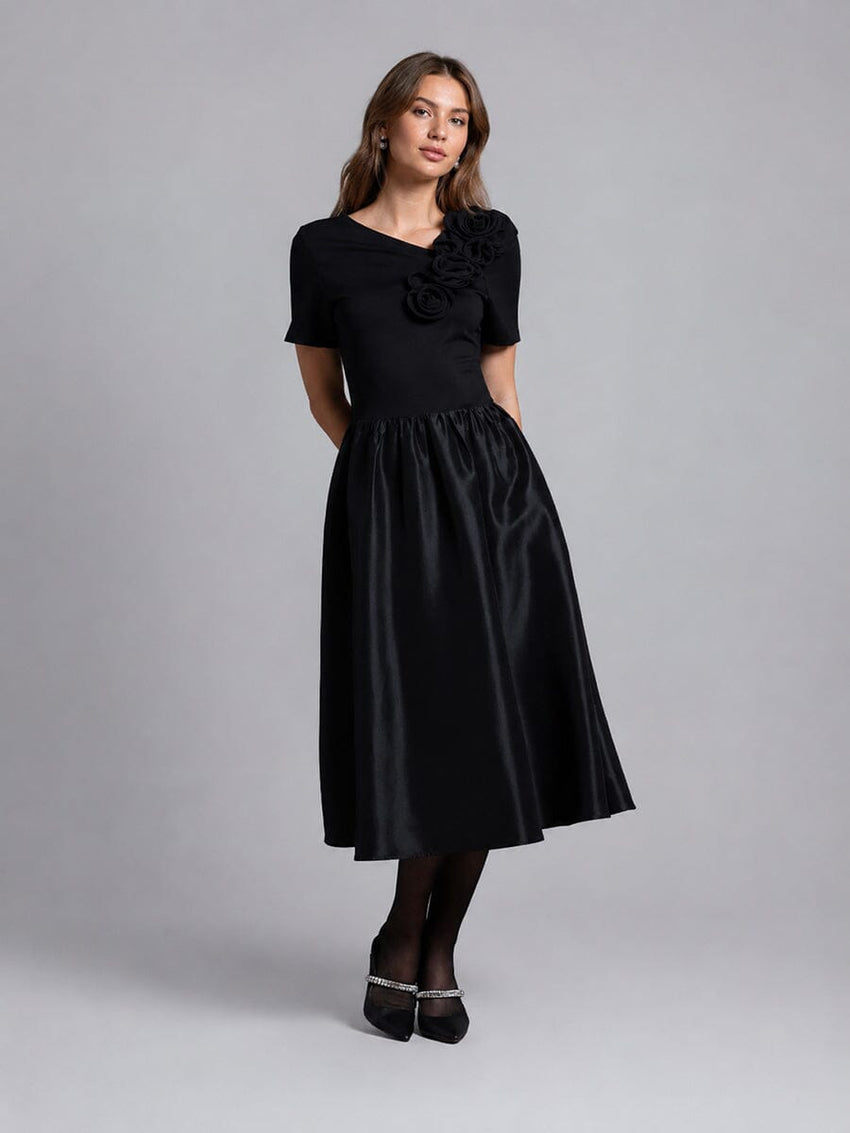 Floral Applique Satin & Cotton Fabric Dress