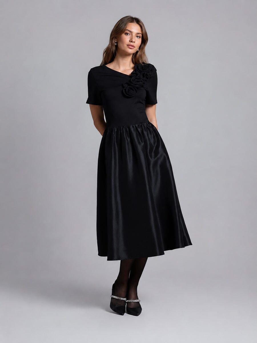 Floral Applique Satin & Cotton Fabric Dress - Glamourous Grace