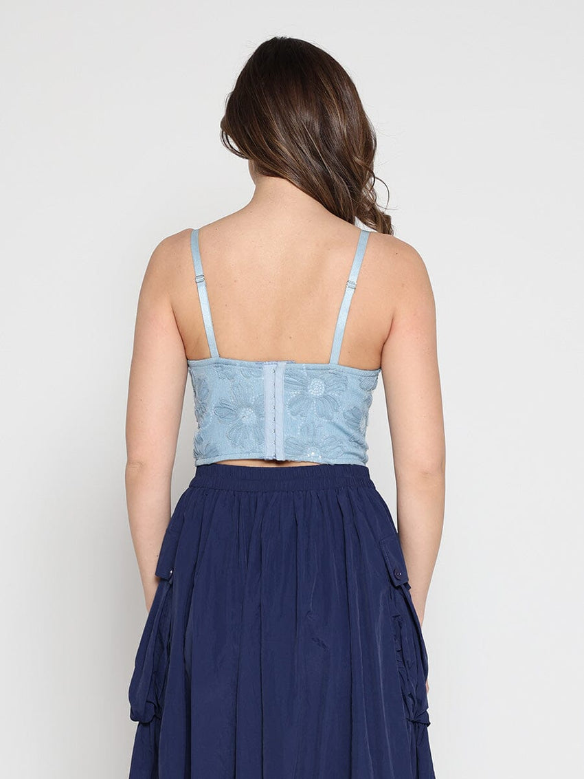 Floral Embroidered Denim Bustier Top