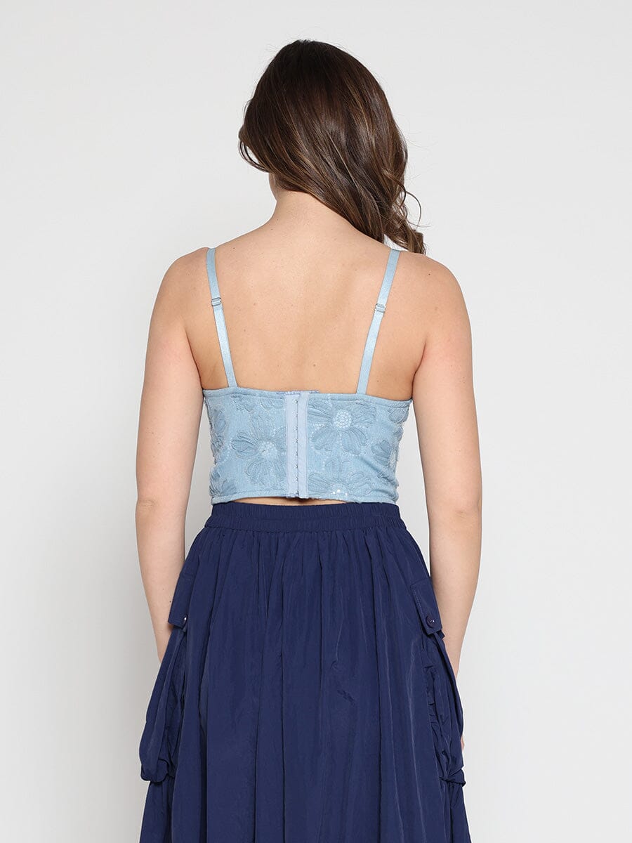 Floral Embroidered Denim Bustier Top - Glamourous Grace