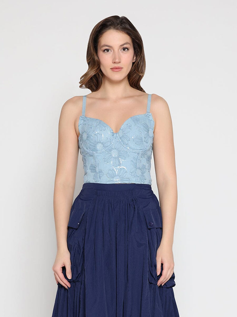 Floral Embroidered Denim Bustier Top - Glamourous Grace