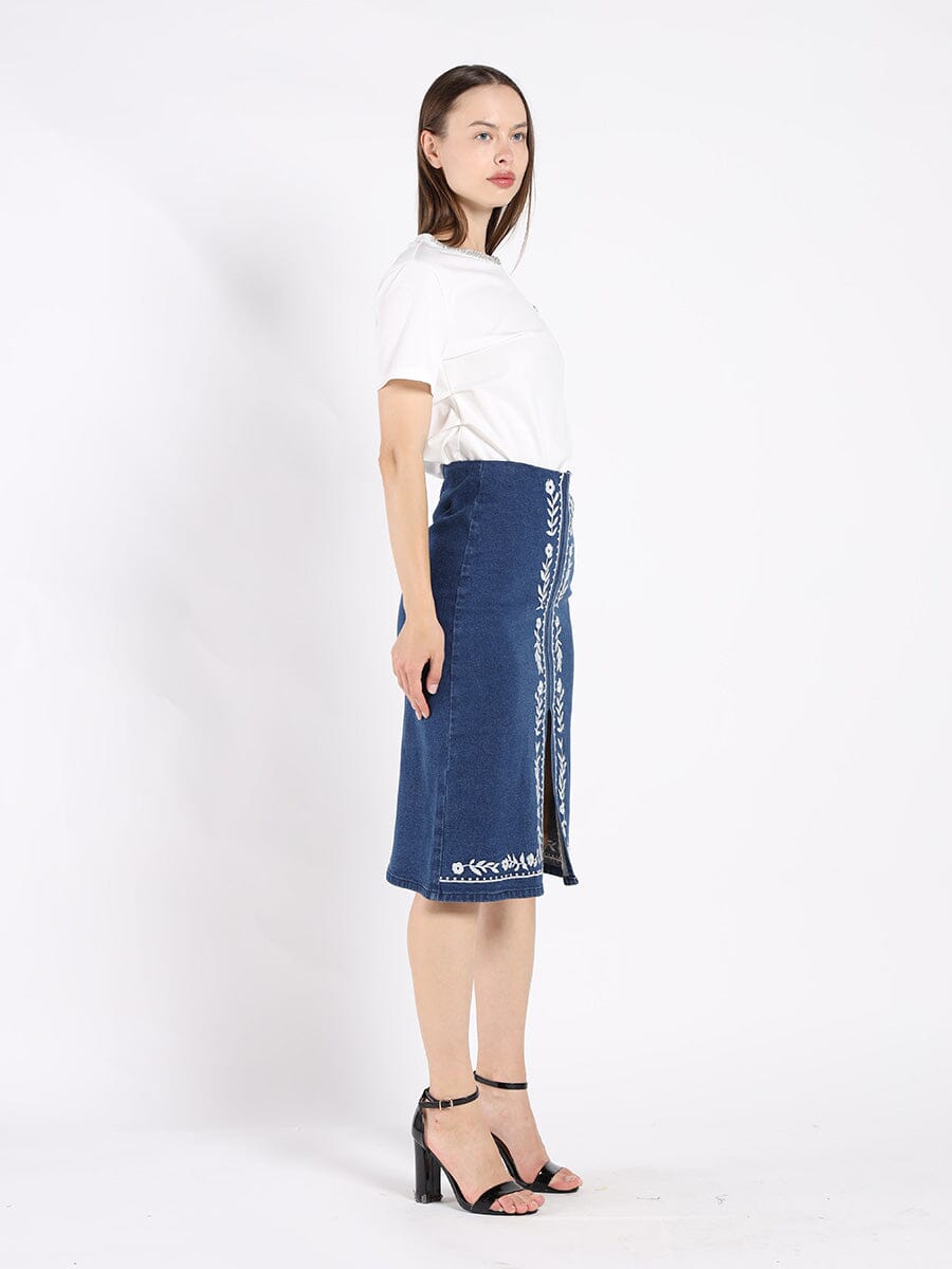 Floral Embroidered Front Slit Denim Skirt - Glamourous Grace