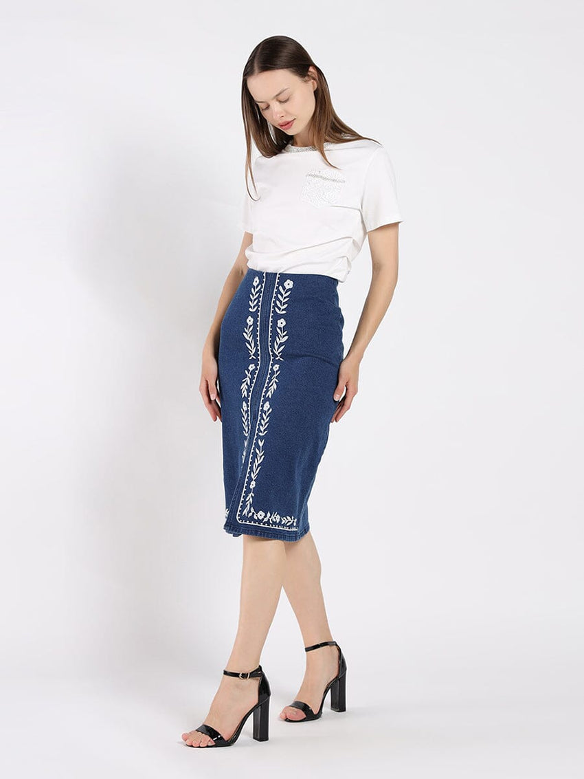Floral Embroidered Front Slit Denim Skirt