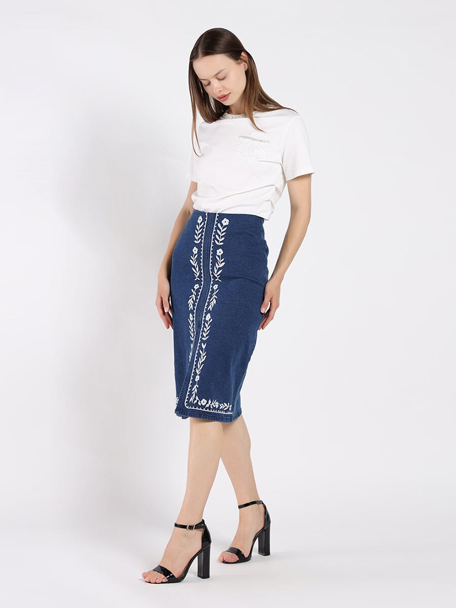 Floral Embroidered Front Slit Denim Skirt - Glamourous Grace