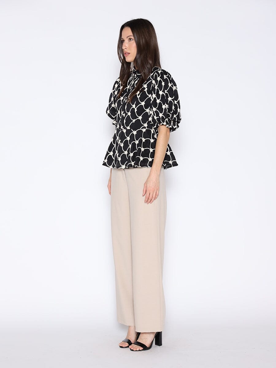 Floral Embroidered Puff Sleeve Peplum Top - Glamourous Grace