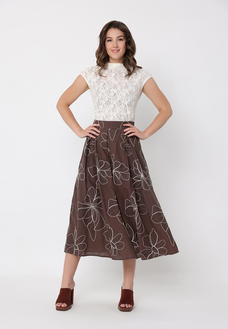 Floral Embroidery Pleated A-Line Skirt - Glamourous Grace
