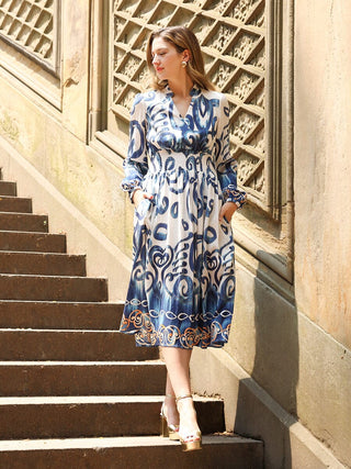 Floral print elastic waist v-neck dress