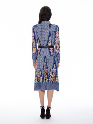 Floral Print Long Sleeve A-Line Buckle Belt Dress - Glamourous Grace