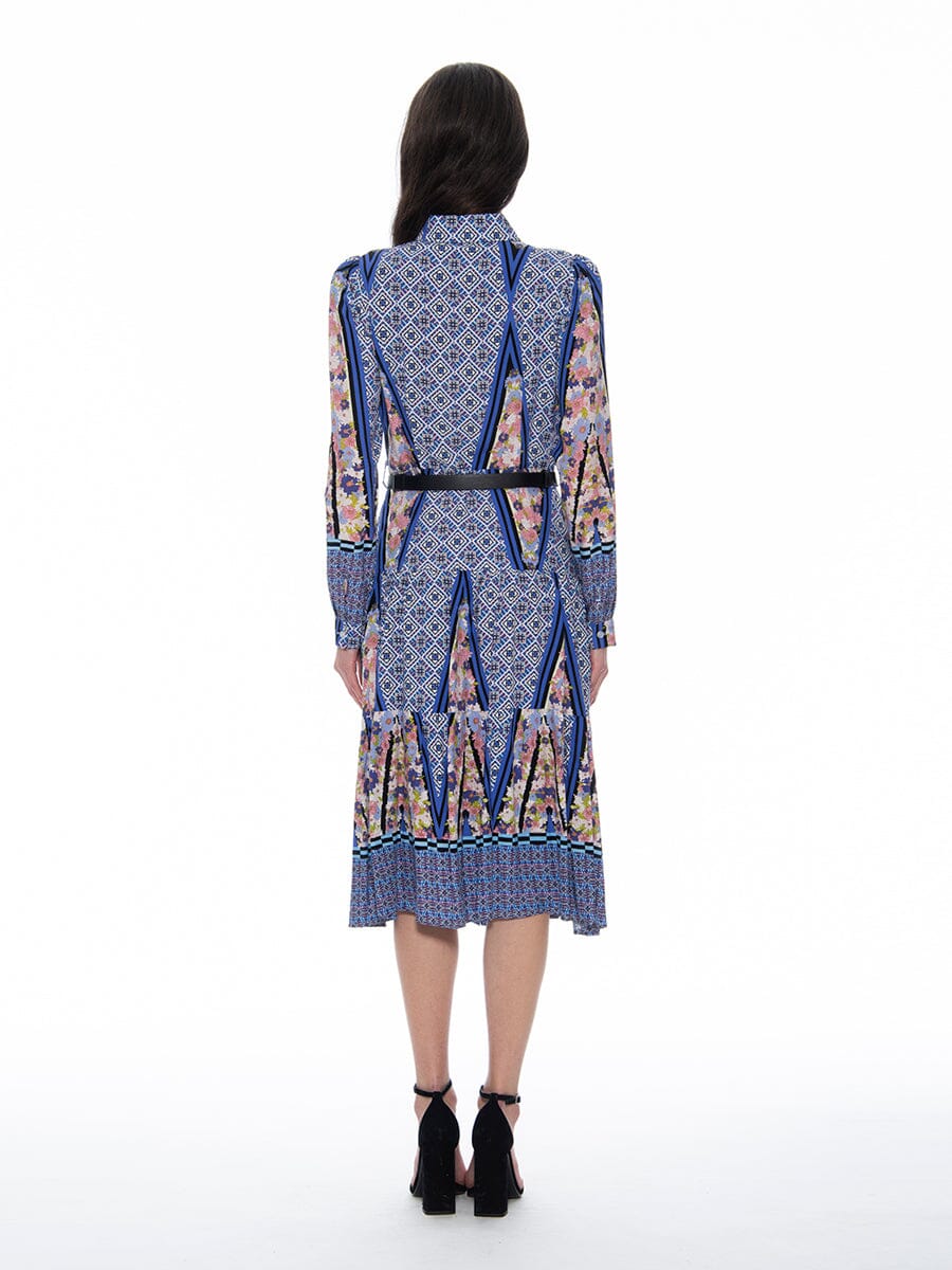 Floral Print Long Sleeve A-Line Buckle Belt Dress - Glamourous Grace