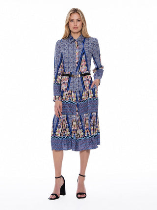 Floral Print Long Sleeve A-Line Buckle Belt Dress