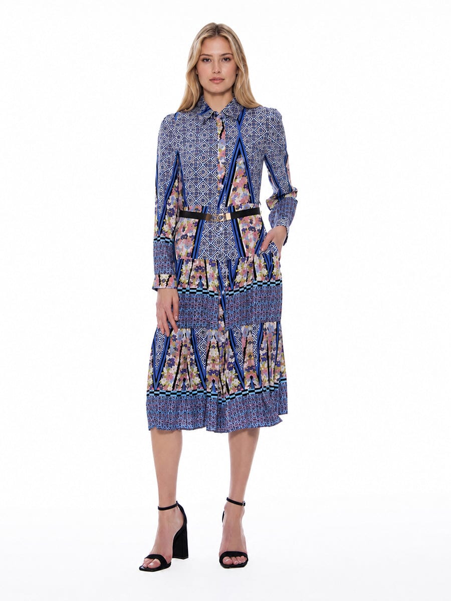 Floral Print Long Sleeve A-Line Buckle Belt Dress - Glamourous Grace