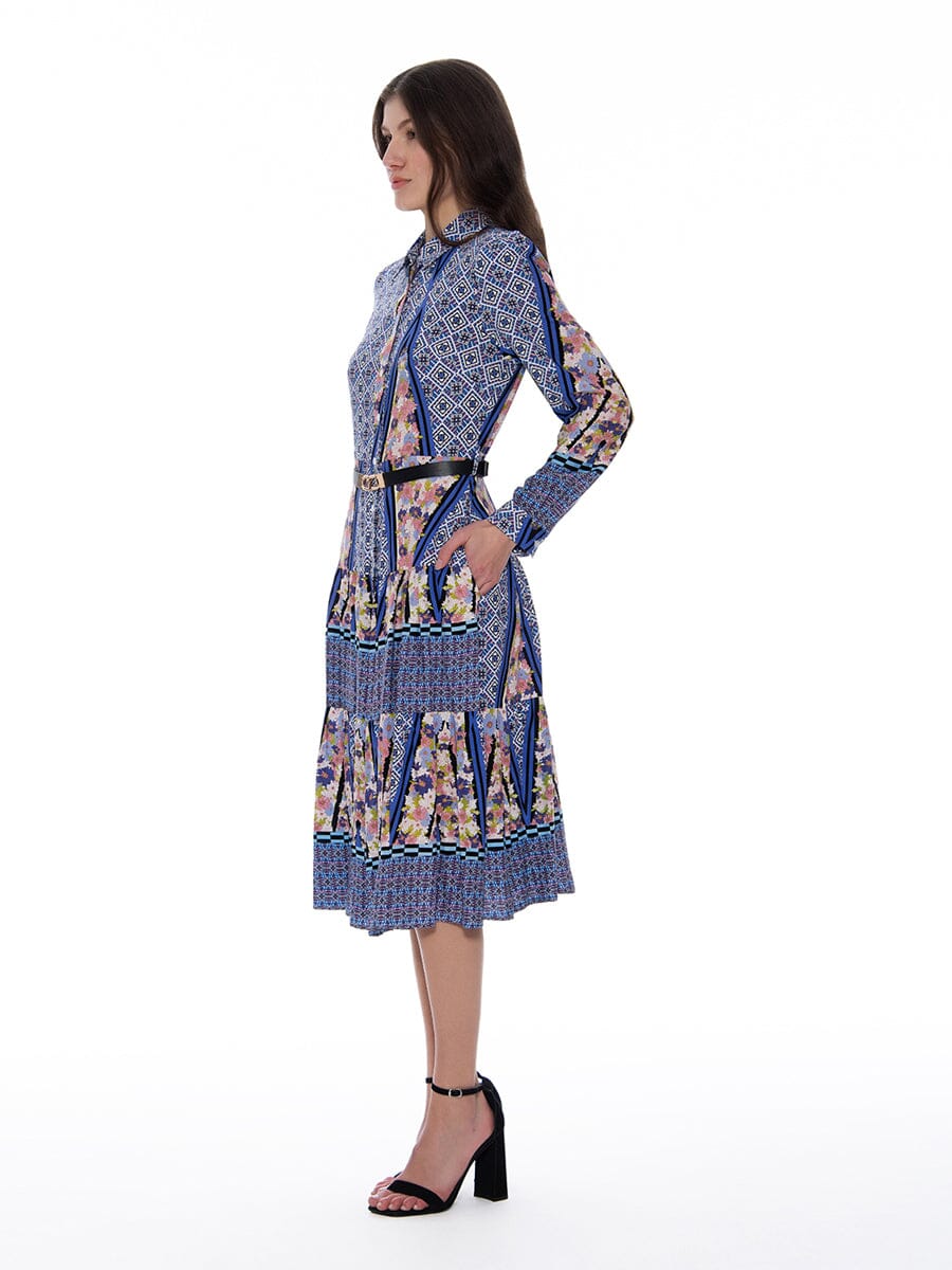 Floral Print Long Sleeve A-Line Buckle Belt Dress - Glamourous Grace