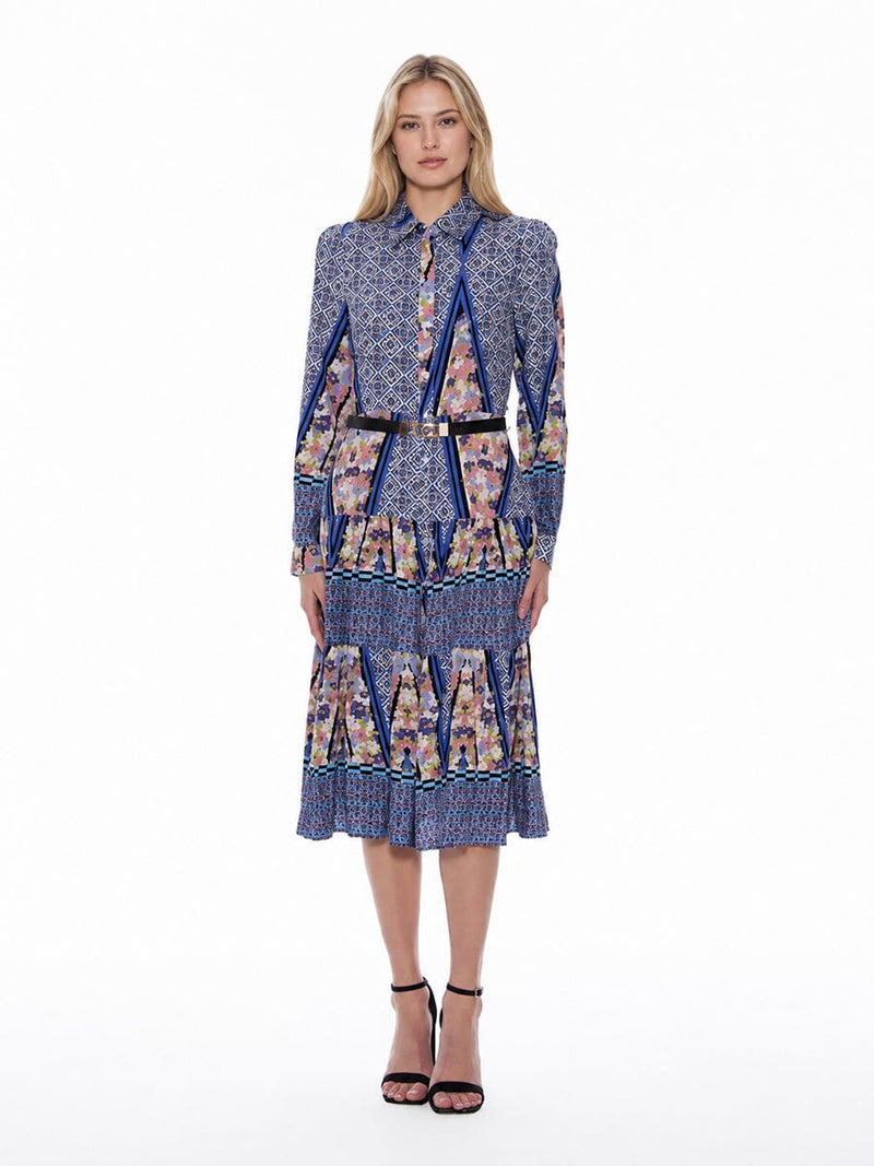 Floral Print Long Sleeve A-Line Buckle Belt Dress - Glamourous Grace