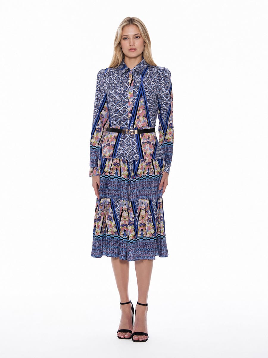 Floral Print Long Sleeve A-Line Buckle Belt Dress - Glamourous Grace