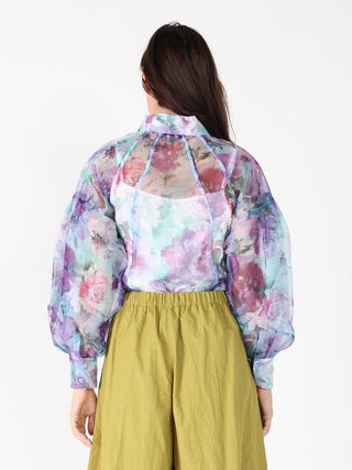 Floral print mesh puffed sleeve shirt top