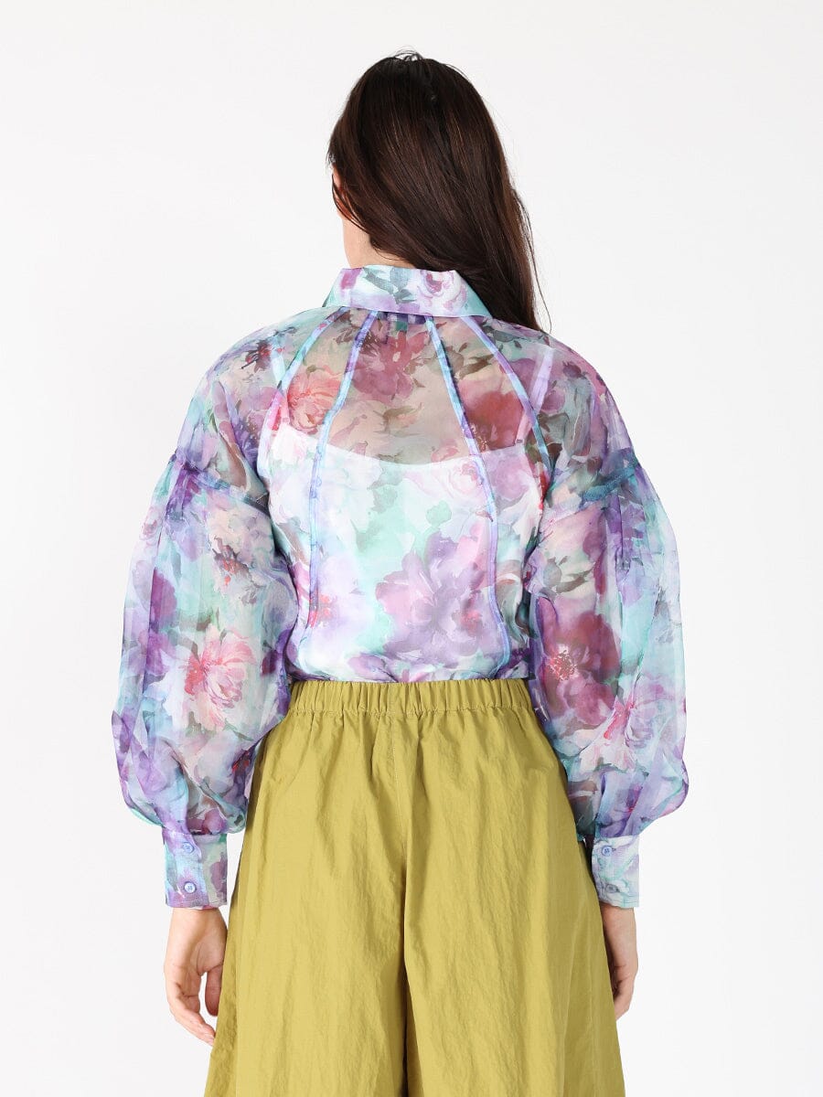 Floral print mesh puffed sleeve shirt top - Glamourous Grace