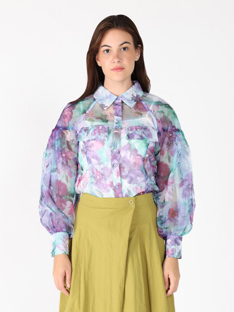 Floral print mesh puffed sleeve shirt top - Glamourous Grace