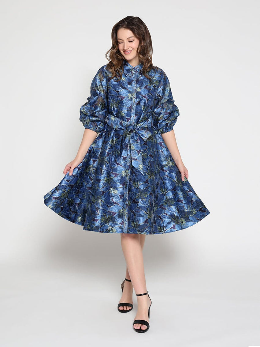 Floral print pinched detail sleeve midi dress