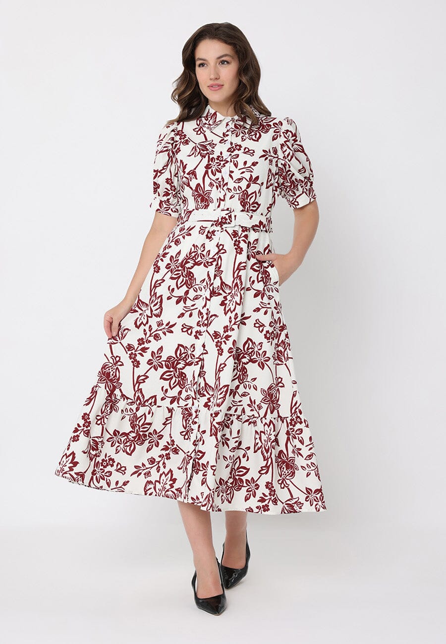 Floral Print Puff Sleeve Button Down Midi Dress - Glamourous Grace