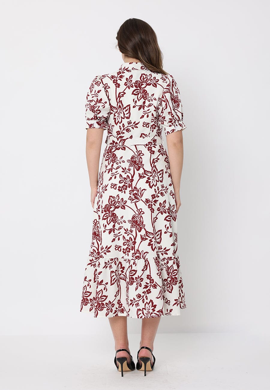 Floral Print Puff Sleeve Button Down Midi Dress - Glamourous Grace