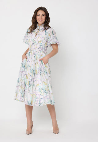 Floral Print Puff Sleeve Elastic Waist A-Line Dress