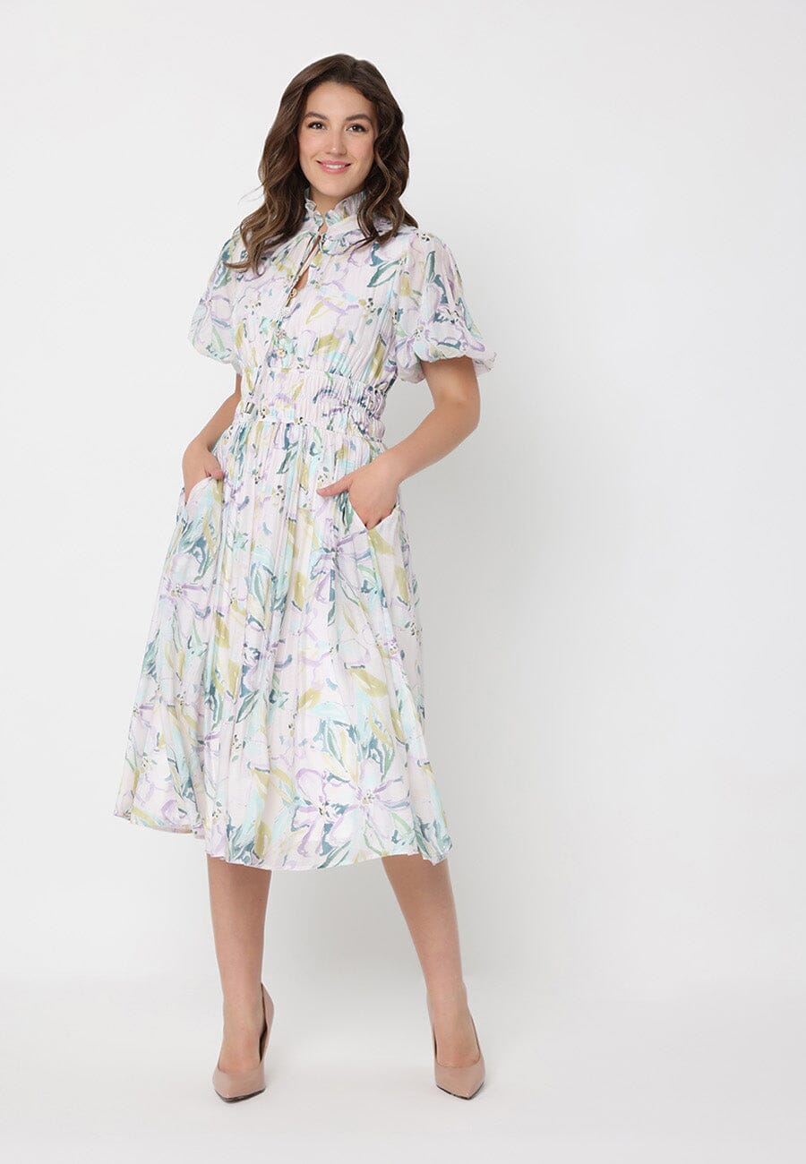 Floral Print Puff Sleeve Elastic Waist A-Line Dress - Glamourous Grace
