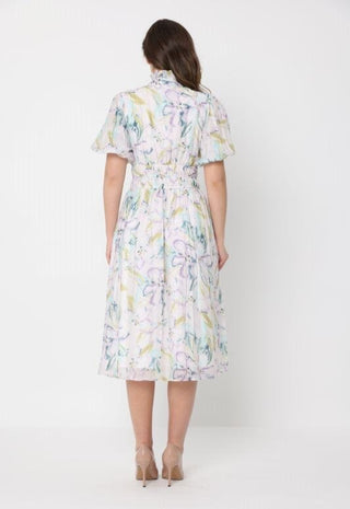 Floral Print Puff Sleeve Elastic Waist A-Line Dress