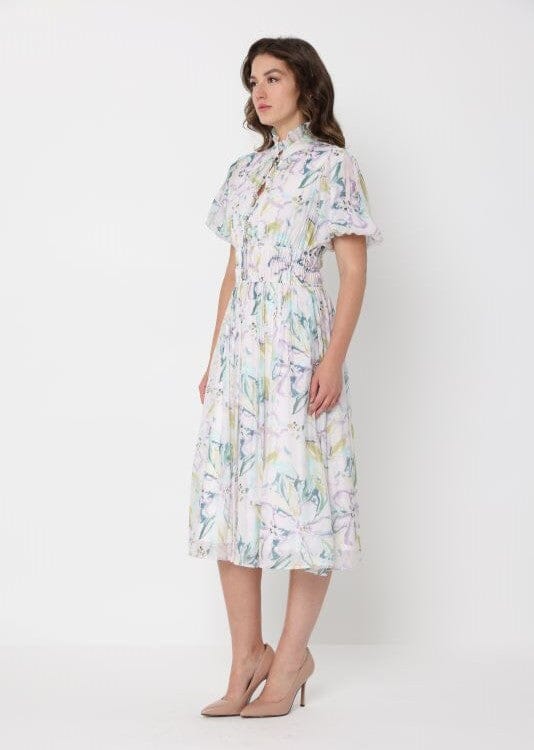 Floral Print Puff Sleeve Elastic Waist A-Line Dress