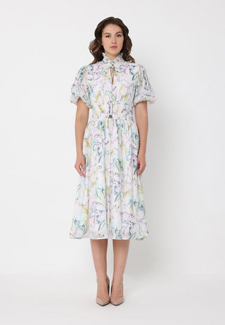 Floral Print Puff Sleeve Elastic Waist A-Line Dress