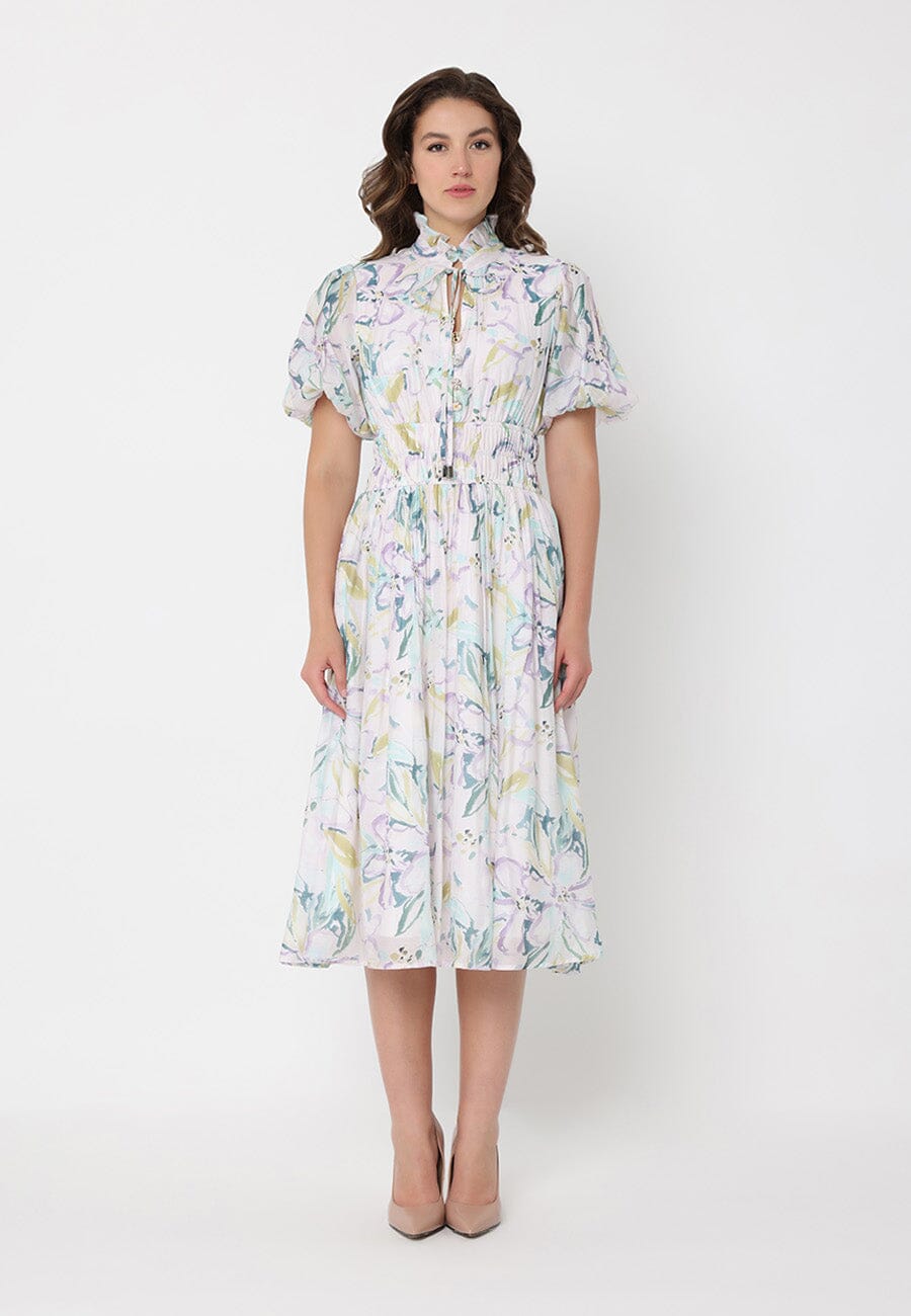 Floral Print Puff Sleeve Elastic Waist A-Line Dress - Glamourous Grace