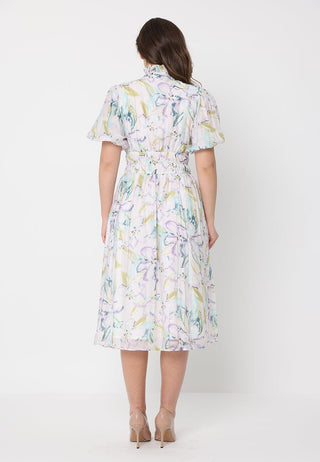 Floral Print Puff Sleeve Elastic Waist A-Line Dress - Glamourous Grace